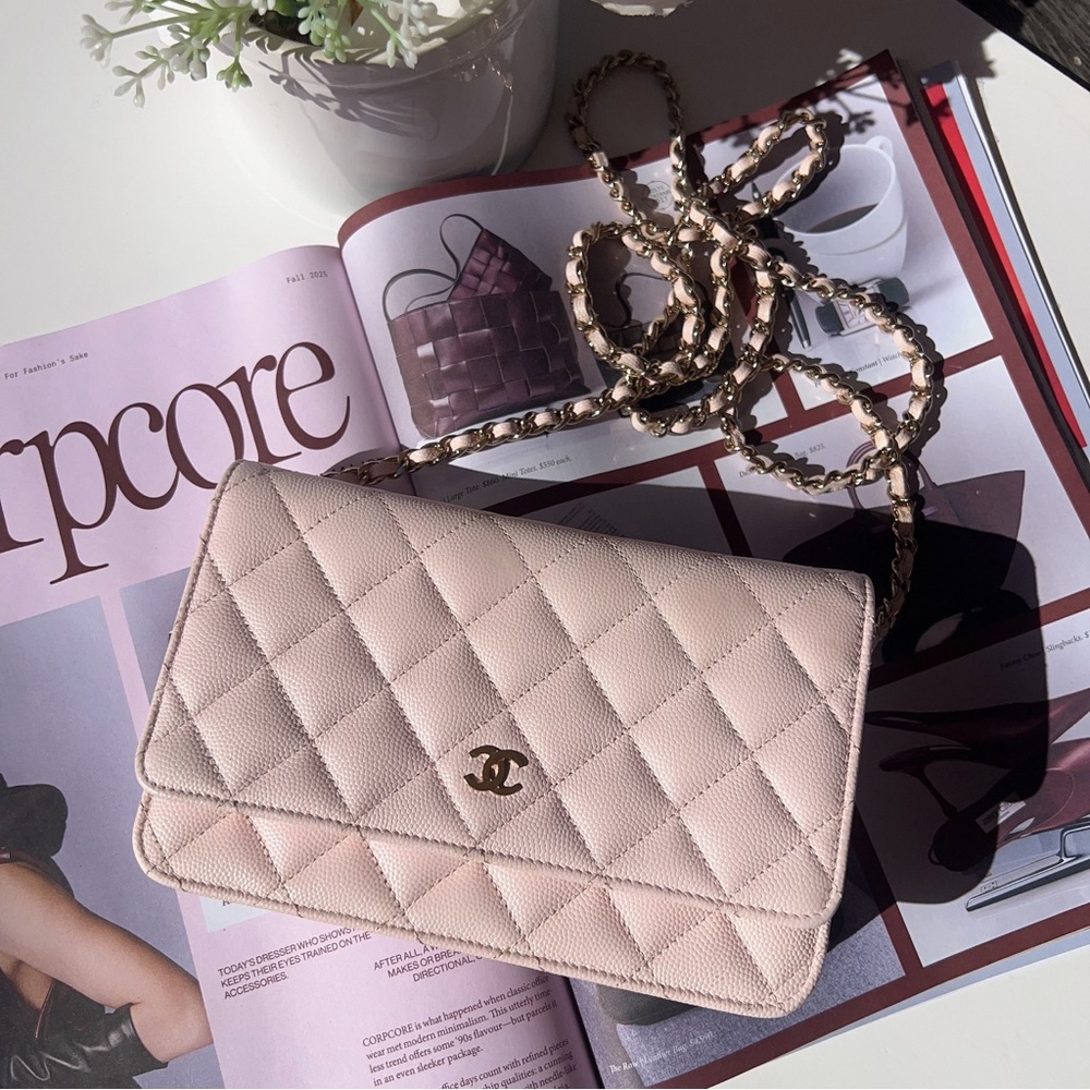 Chanel Peach Quilted Caviar Leather CC Flap Wallet on Chain